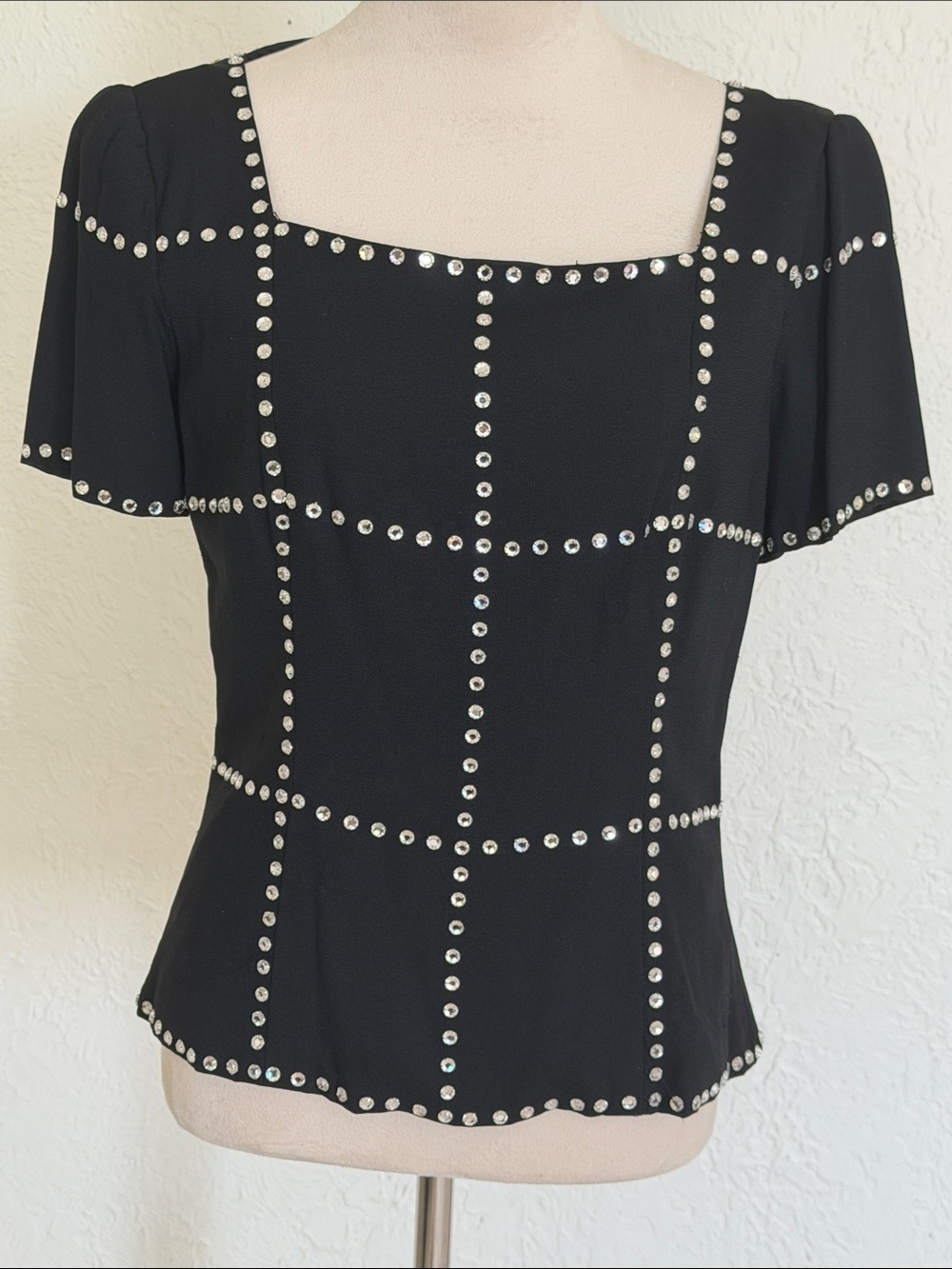 Vintage Richilene Black Rhinestone Evening Blouse Square neck size small